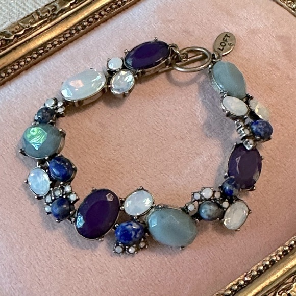 Shades of Blue Rhinestone Toggle Clasp Bracelet Y2K Burnished Gold Finish Opal - Picture 1 of 7